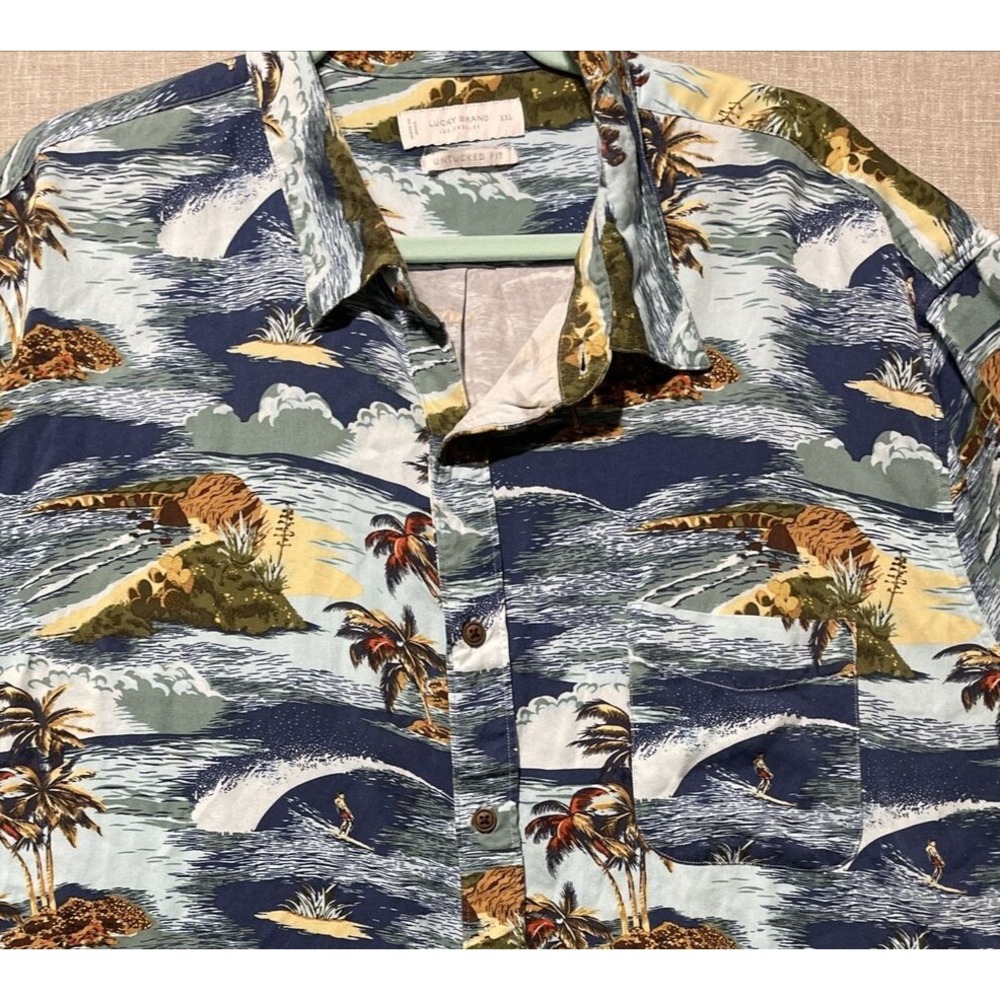 Lucky Brand Hawaiian Shirt Men's 2XL Blue Surf Print Tropical Beach